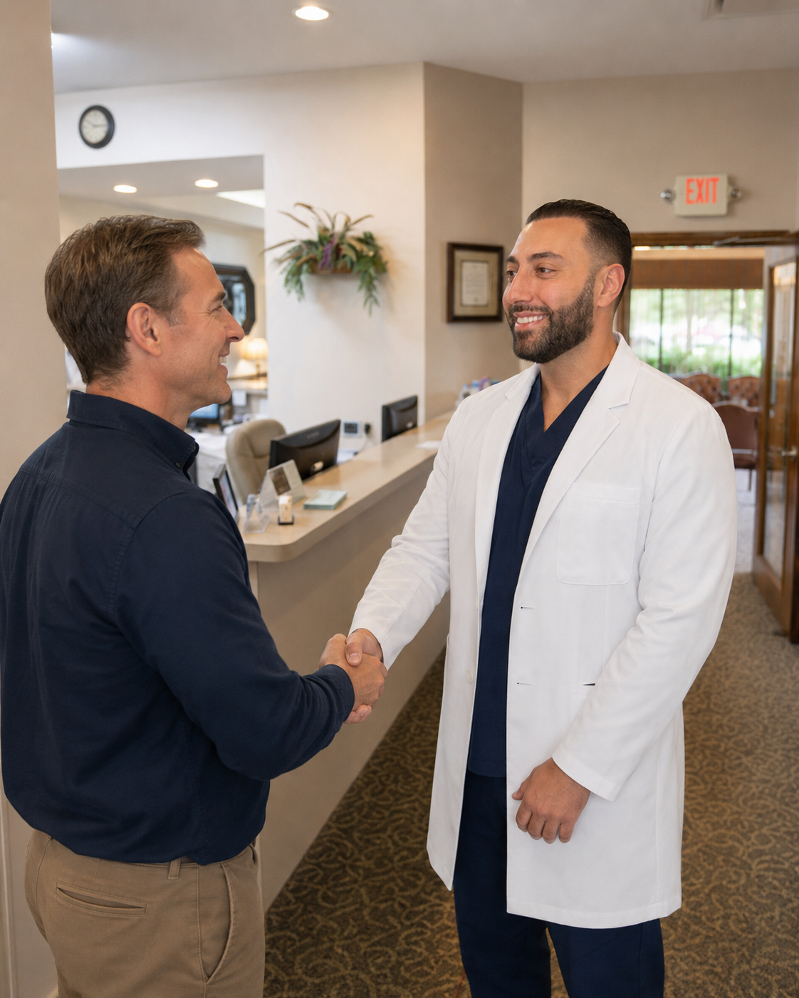 Dr. Khador shaking hands with a patient.