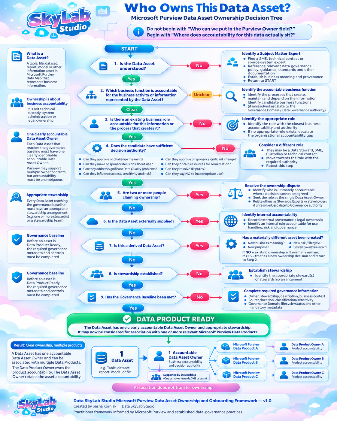 Data SkyLab Studio Microsoft Purview Data Asset Ownership Decision Tree showing how to identify an accountable Data Asset Owner using business accountability, decision authority, stewardship and governance baseline checks.
