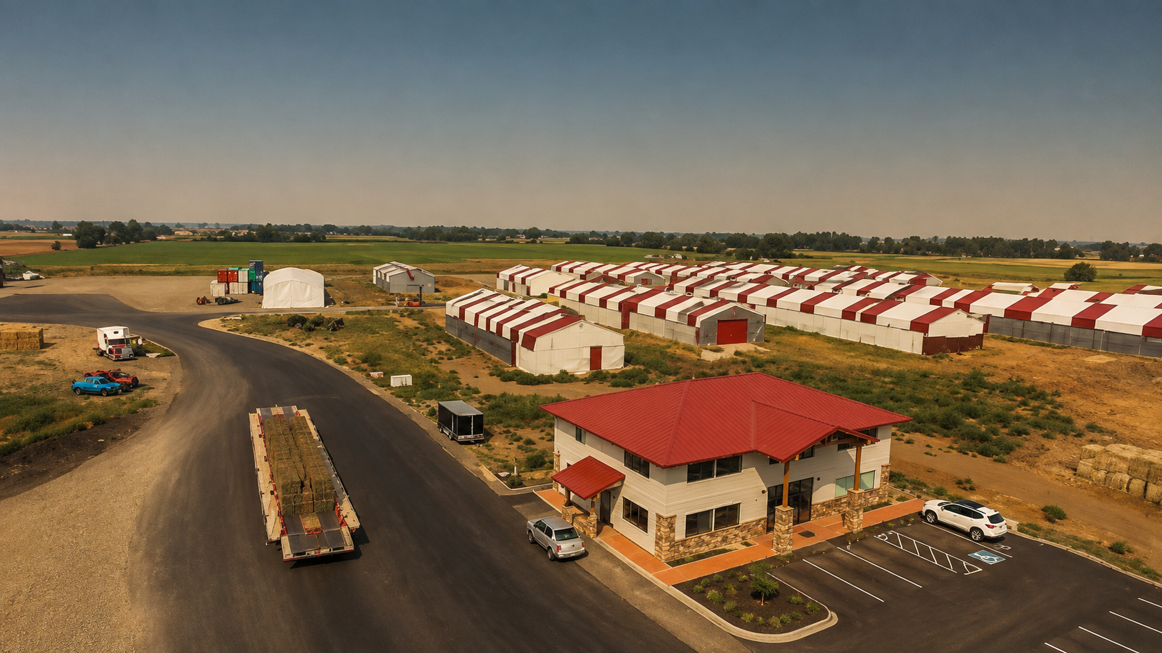Aerial view of the Stone Wings II facility campus in Ellensburg, Washington, showing the office building and storage warehouses