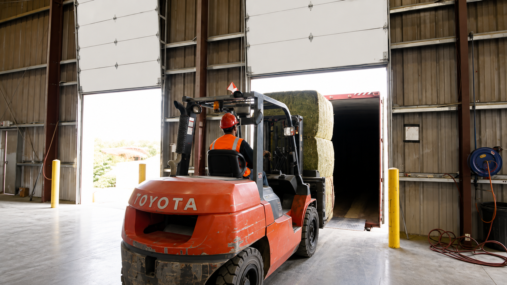 Forklift carrying compressed Stone Wings II hay bales toward an open shipping container