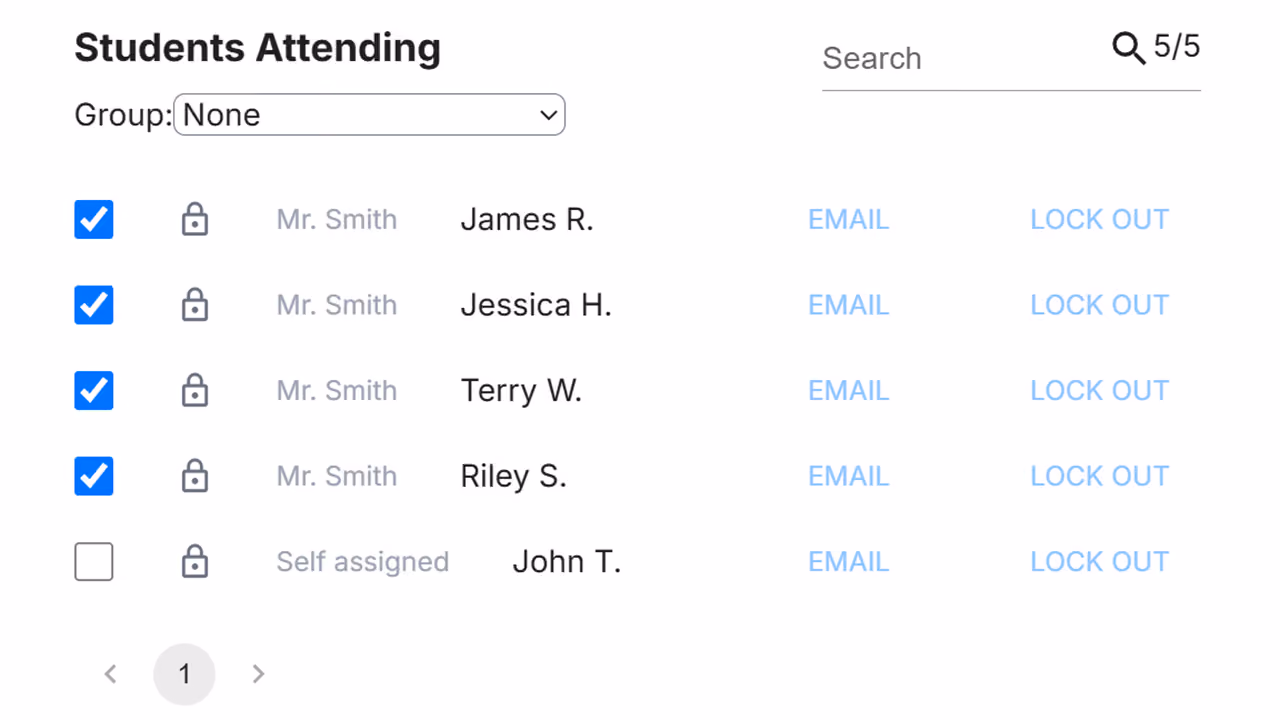 Attendance list showing five students with checkboxes, lock icons, teacher name, email, and lockout options.
