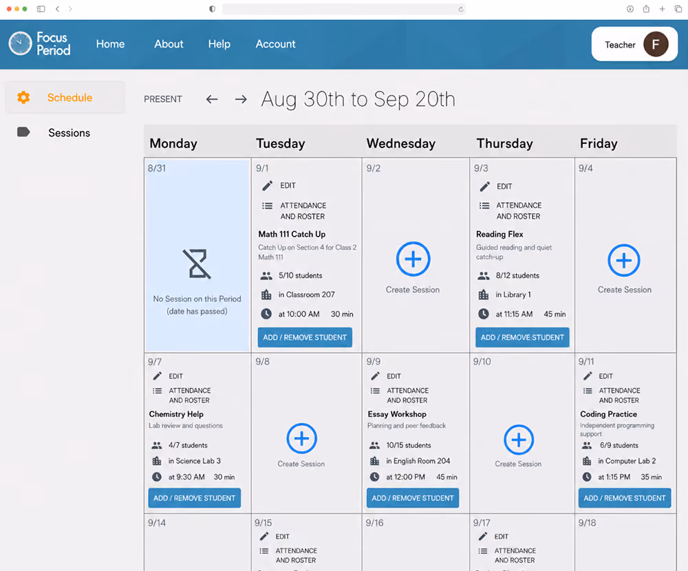 Online class schedule interface for Aug 30th to Sep 20th showing a weekly calendar with sessions and options to add or remove students, including Math 111 Catch Up, Reading Flex, Chemistry Help, Essay Workshop, and Coding Practice at specified times and locations with attendance tracking.