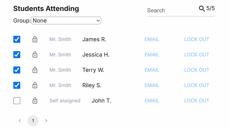 Interface showing a list titled 'Students Attending' with a dropdown for group selection set to None and a search bar. Five students are listed with checkboxes to mark attendance: James R., Jessica H., Terry W., Riley S. are checked and assigned to Mr. Smith; John T. is not checked and marked as Self assigned. Each student has options to email or lock out. Pagination at the bottom shows page 1.