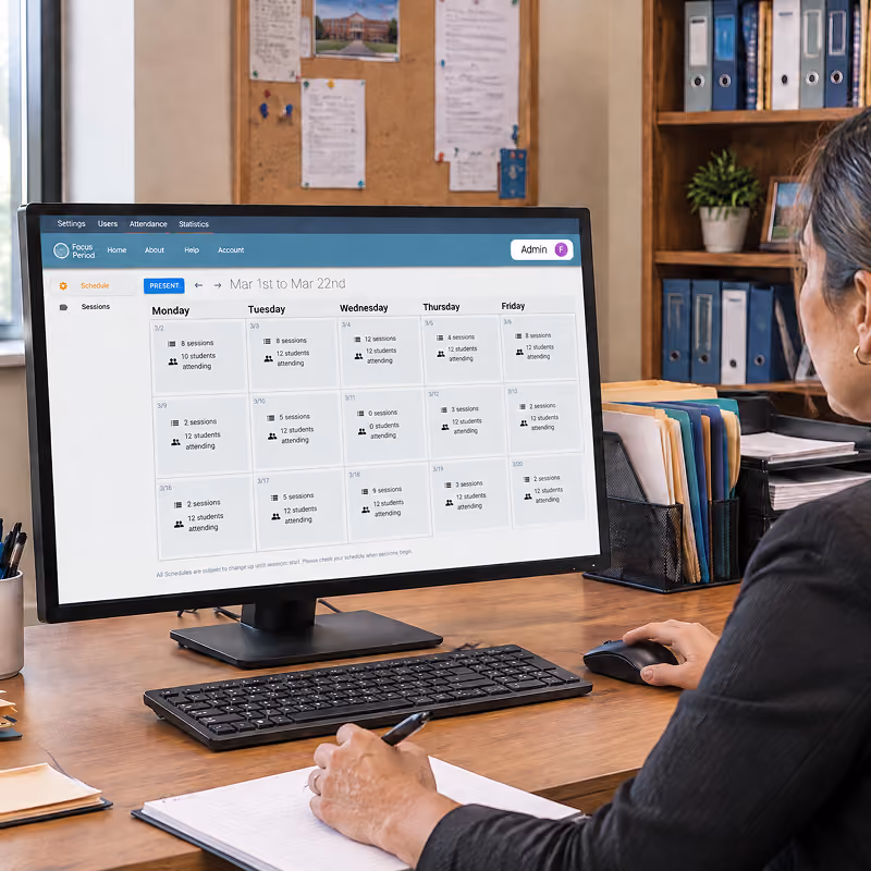 Person working at a desk with a computer displaying a weekly schedule view for sessions and student attendance from March 1st to March 22nd, showing daily session counts and student participation details. The desk has a keyboard, mouse, pen, notebook, and file organizers with folders, and there is a corkboard and bookshelf in the background.