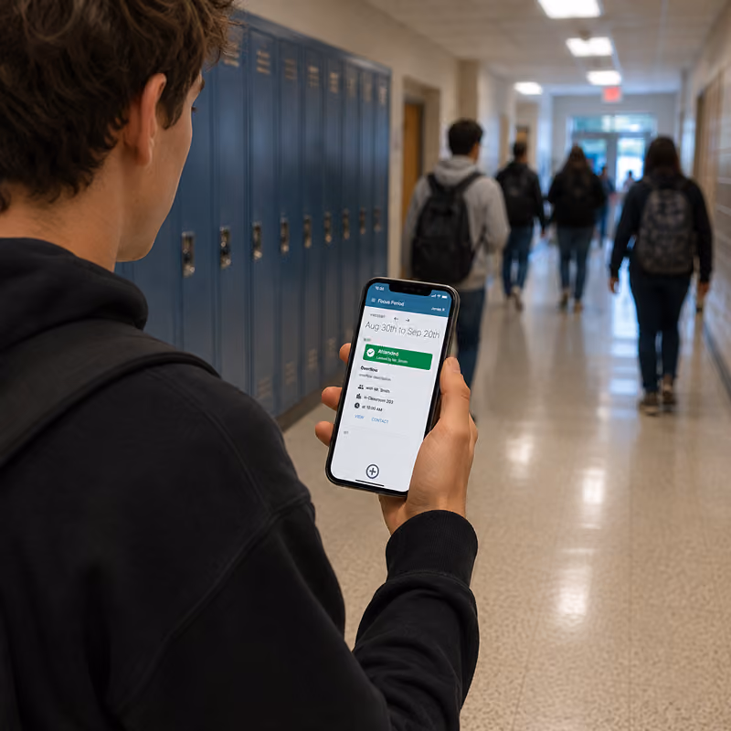 Student standing in a school hallway with blue lockers, holding a smartphone displaying a focus period schedule app showing an attended status and details of a class from Aug 30th to Sep 20th.