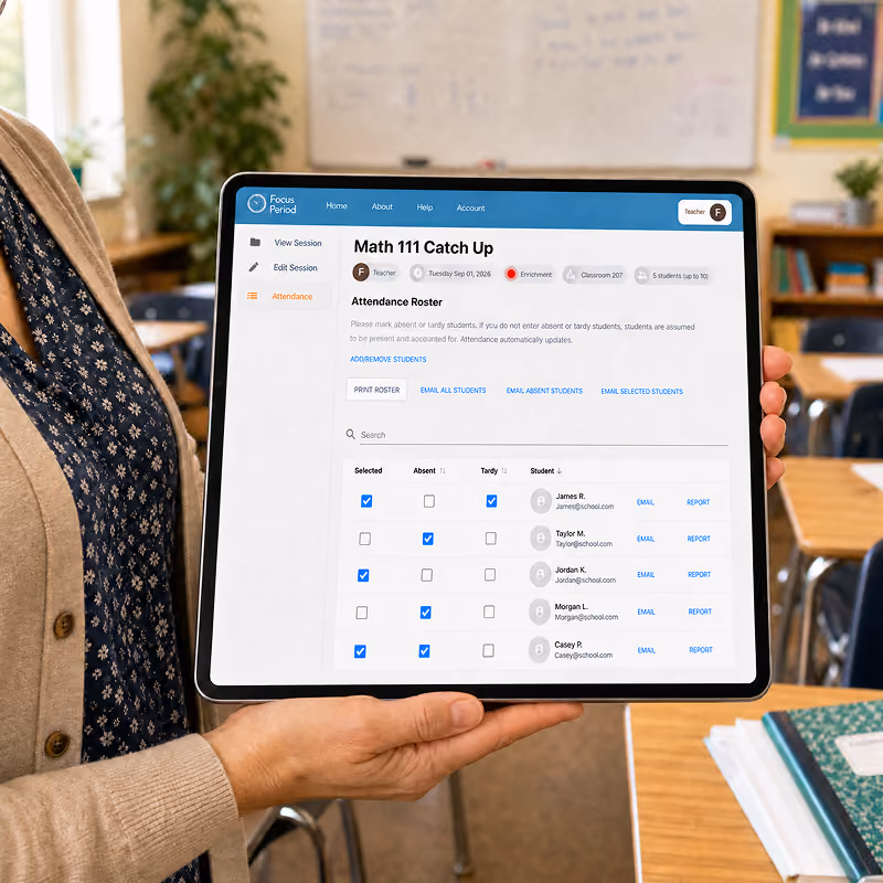 Tablet held by a woman displaying a digital attendance roster for Math 111 Catch Up class, showing student names, email addresses, and checkboxes for attendance status including selected, absent, and tardy.