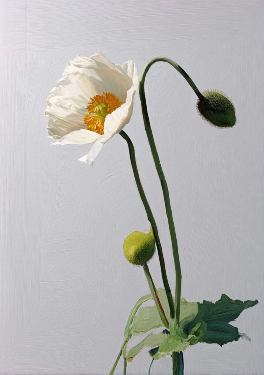 White poppy flower with yellow center and two unopened buds on green stems against a pale background.