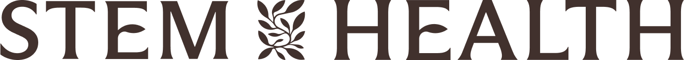 STEM HEALTH logo with leaf design in dark brown serif font.