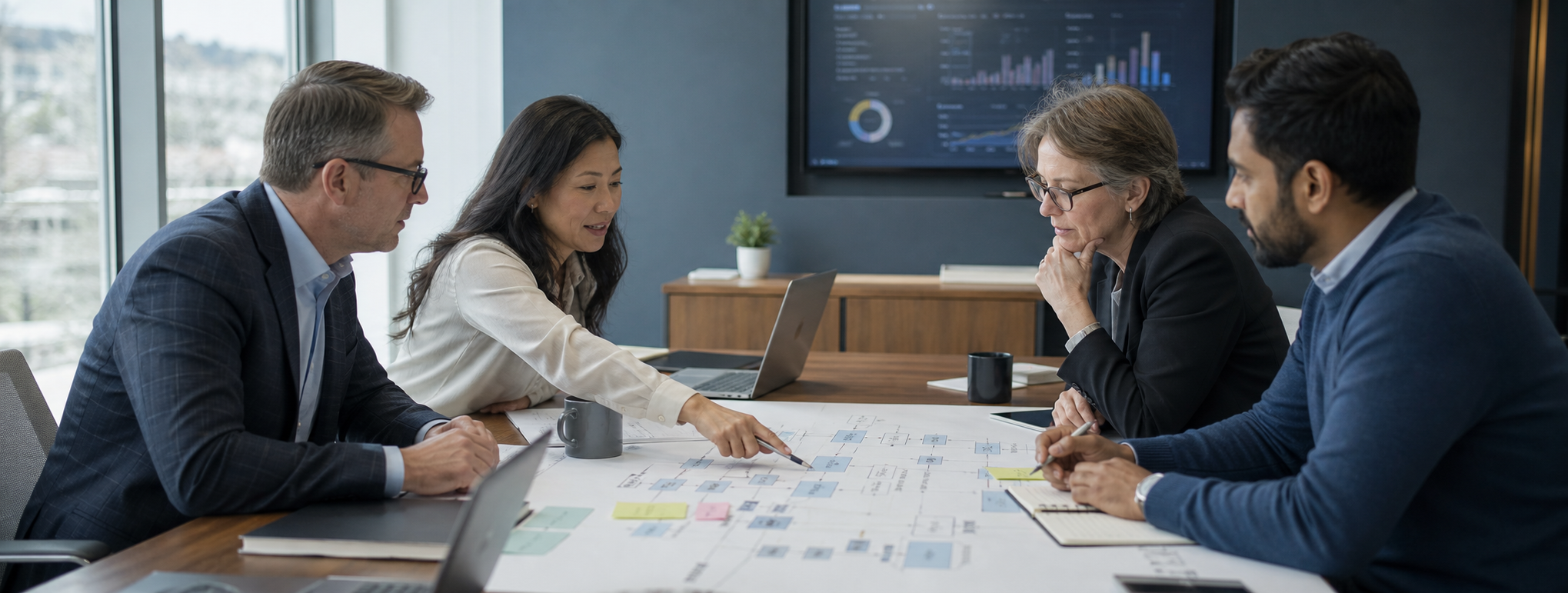 Business leaders reviewing an operating workflow together