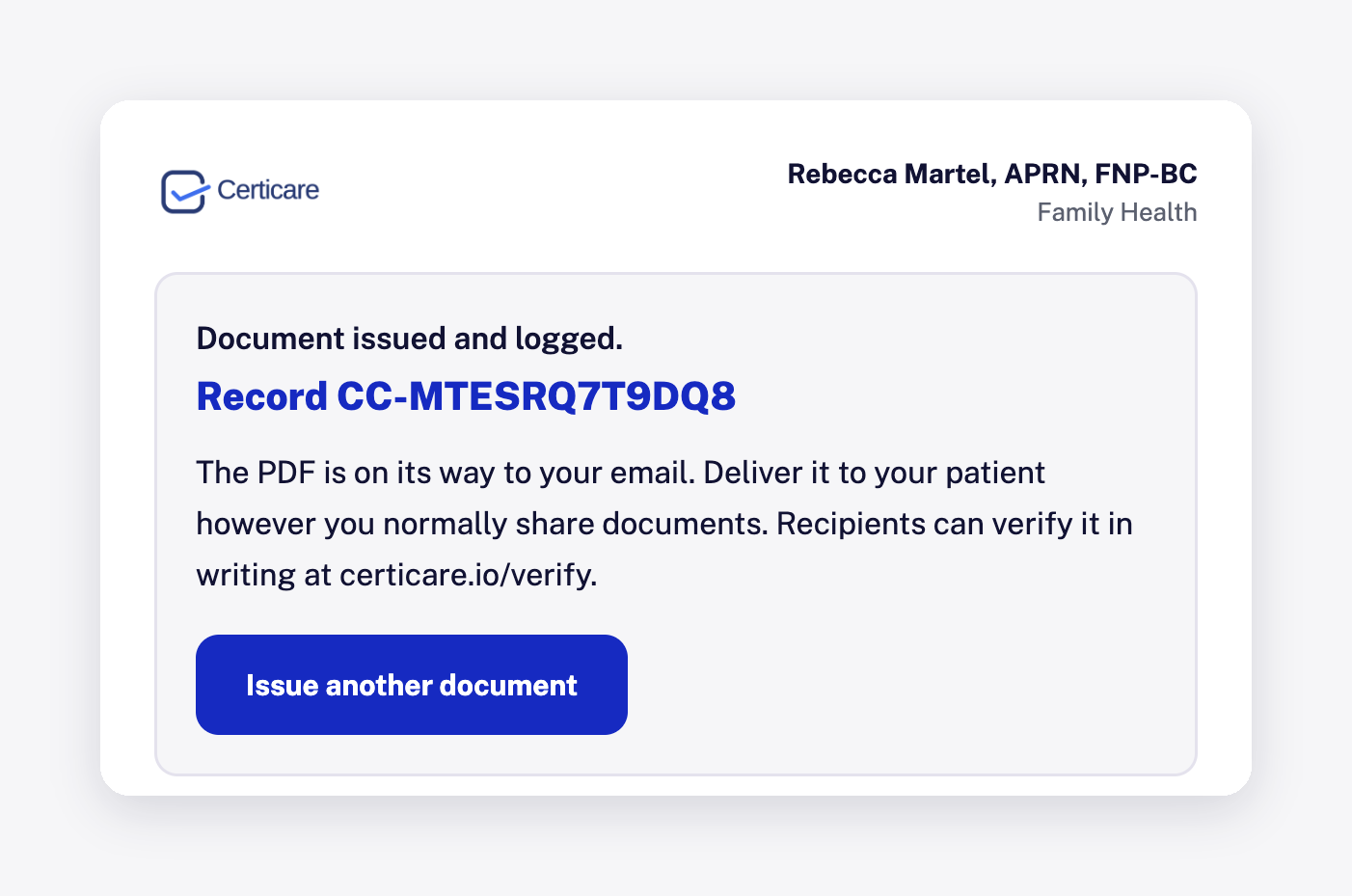 Confirmation screen showing an issued document and its record ID