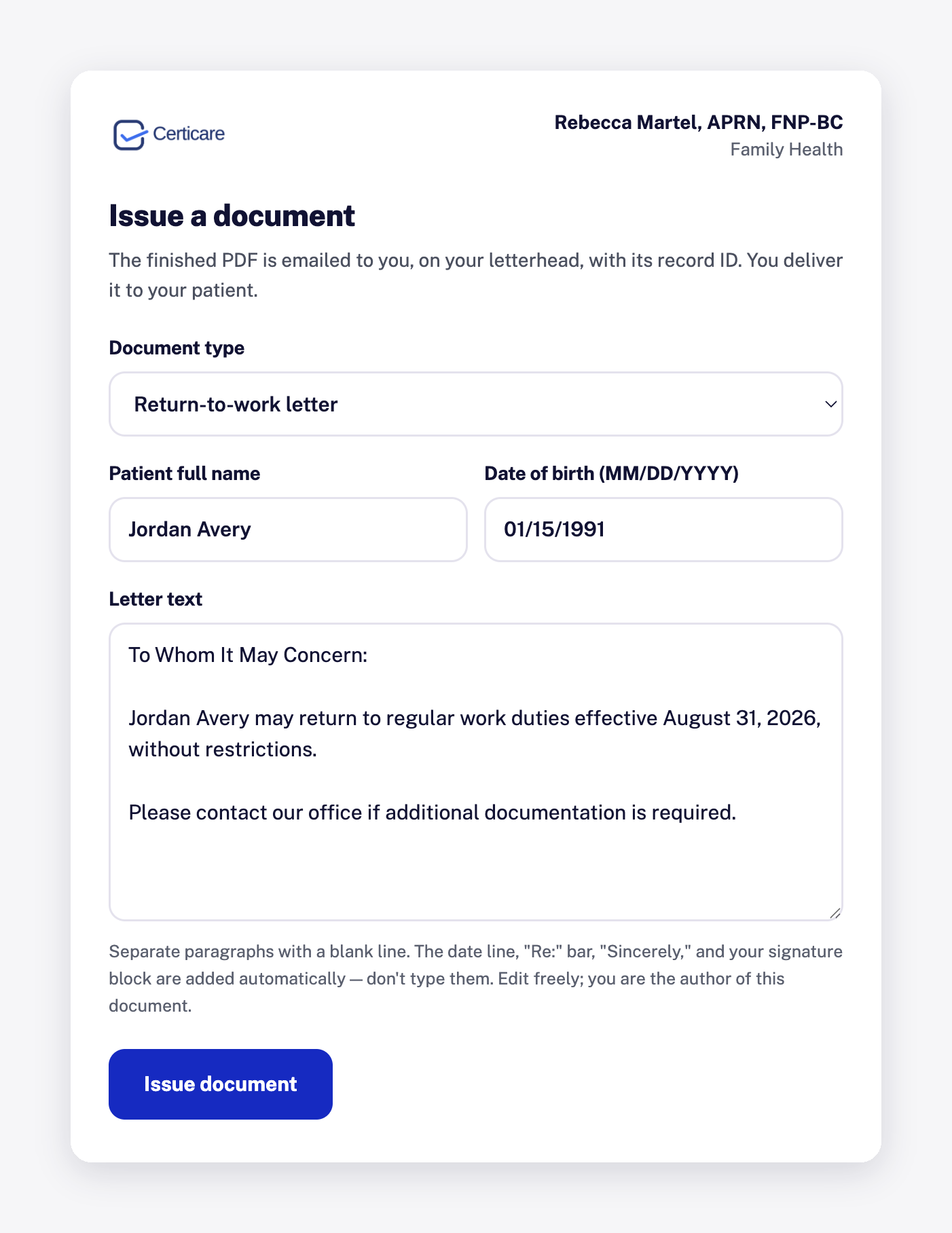 Certicare provider portal with a return-to-work letter being filled in