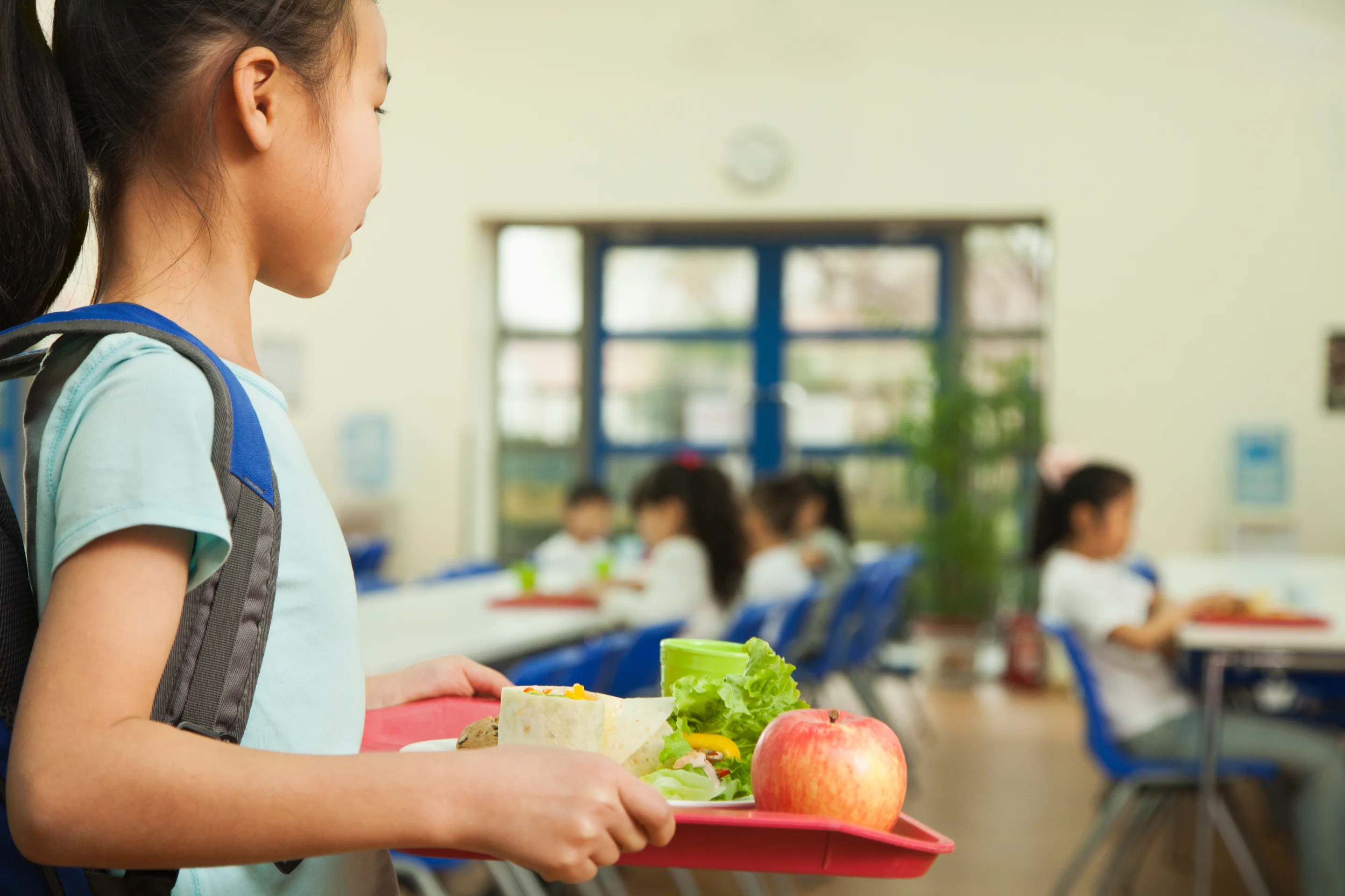 Student carrying a tray of food in a school cafeteria.