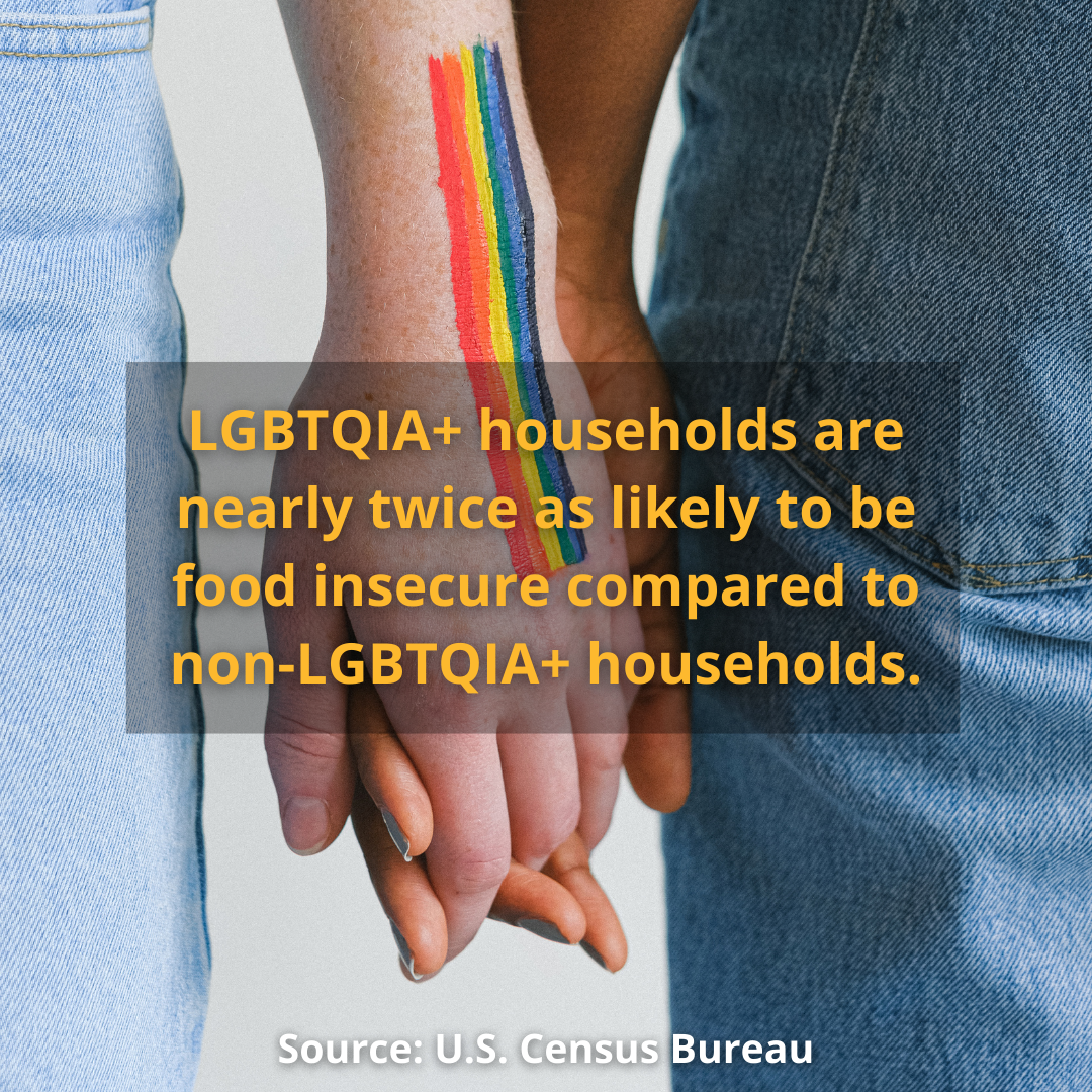 Graphic stating LGBTQIA+ households are nearly twice as likely to be food insecure.