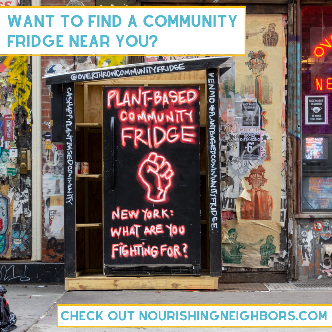Community fridge photo with a message about finding a community fridge nearby.