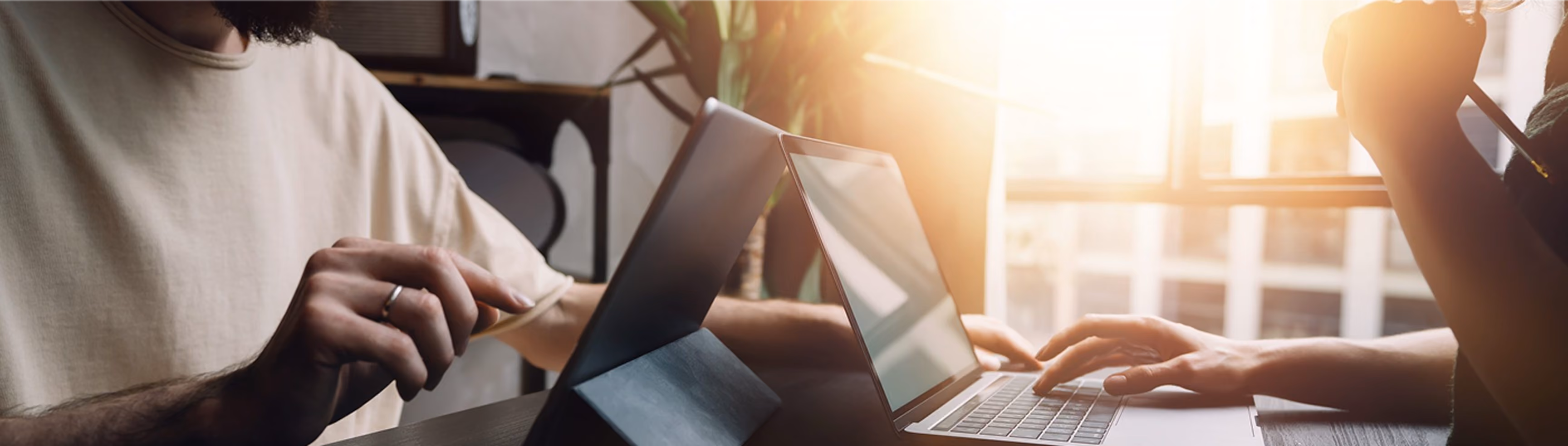 Two people working on laptops at a desk with bright sunlight streaming through windows behind them.