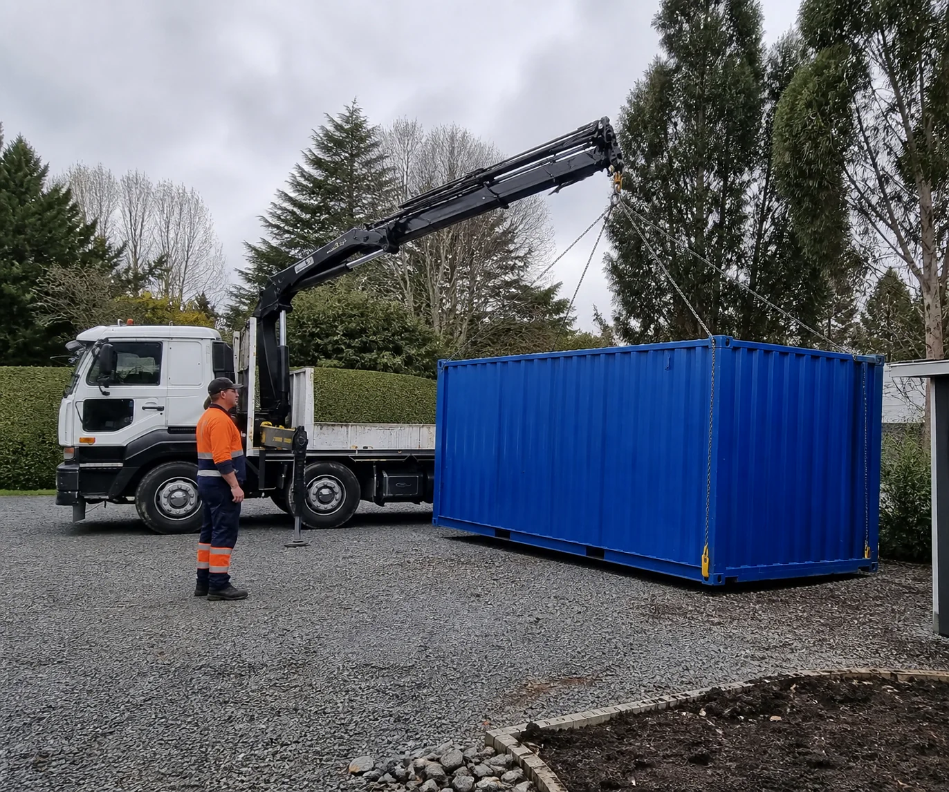 A blue storage container being positioned by the local HIAB team