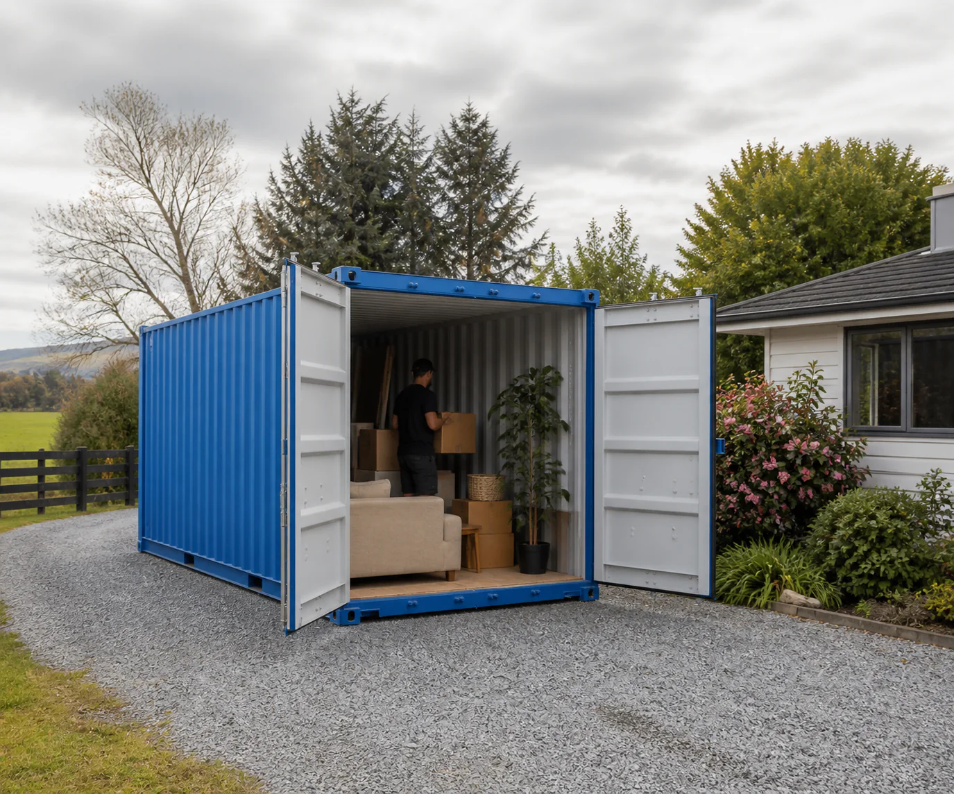 A blue storage container with household belongings at a Christchurch property