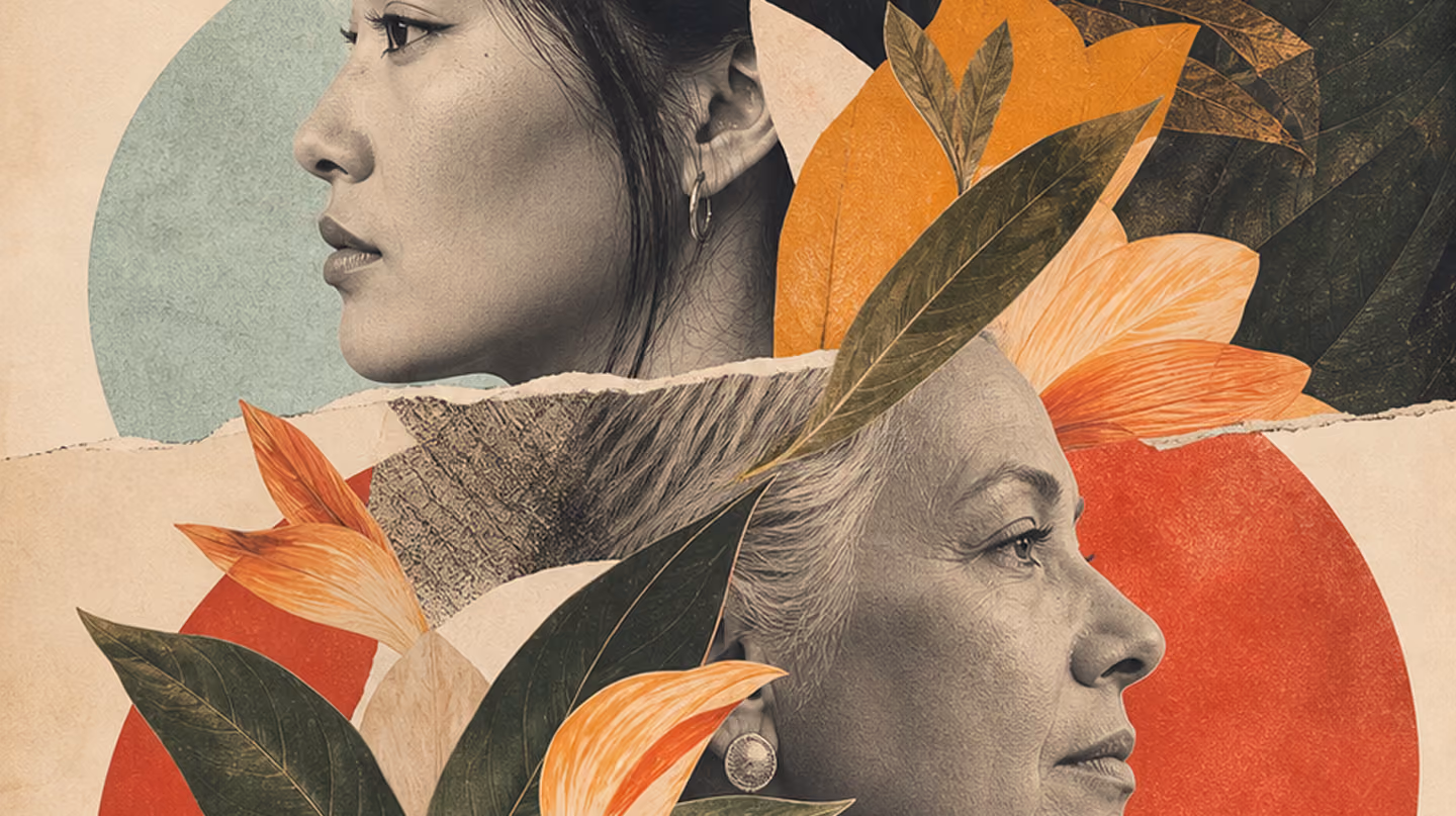 A younger woman and an older woman in profile, layered with torn paper, orange flowers and green leaves