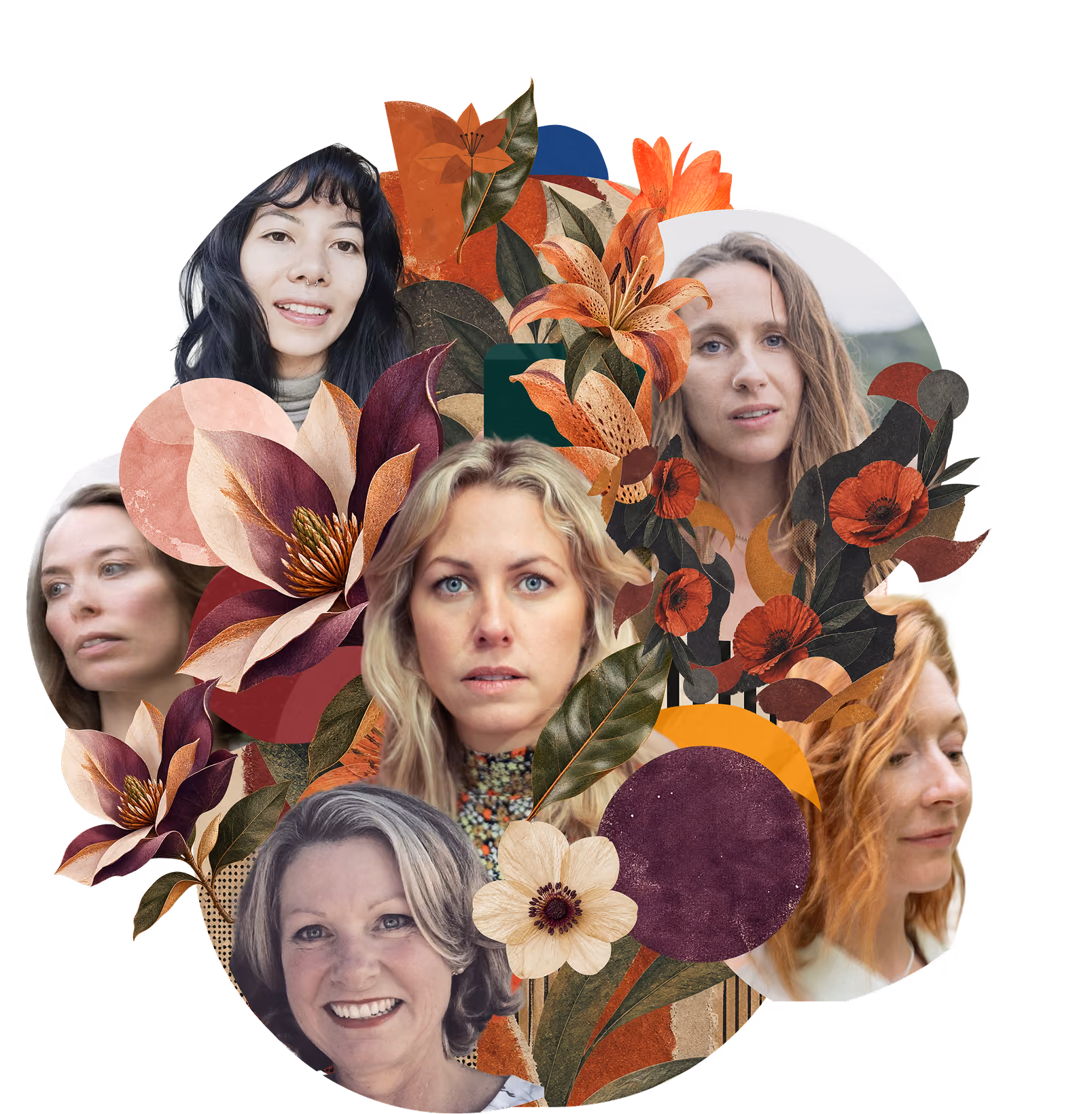 Collage of women's faces with botanicals