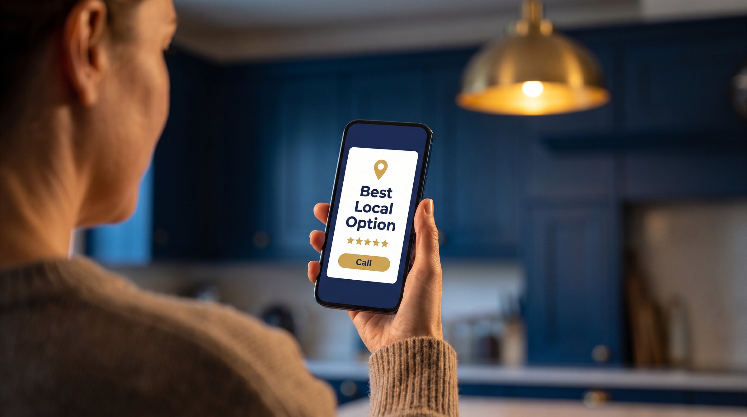 A customer at home holds a phone showing an AI assistant answer: Best Local Option, five stars, and a Call button.