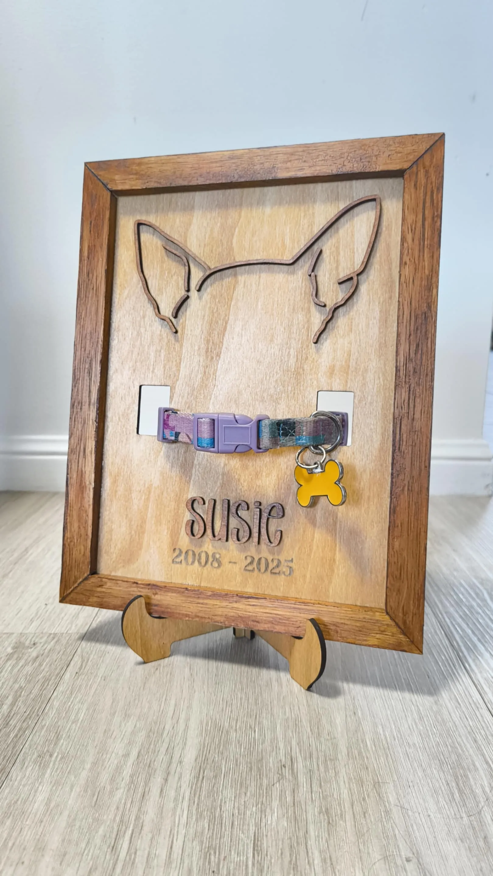 A pet memorial shadow box holding a dog's collar and tag, engraved Susie 2008 to 2025