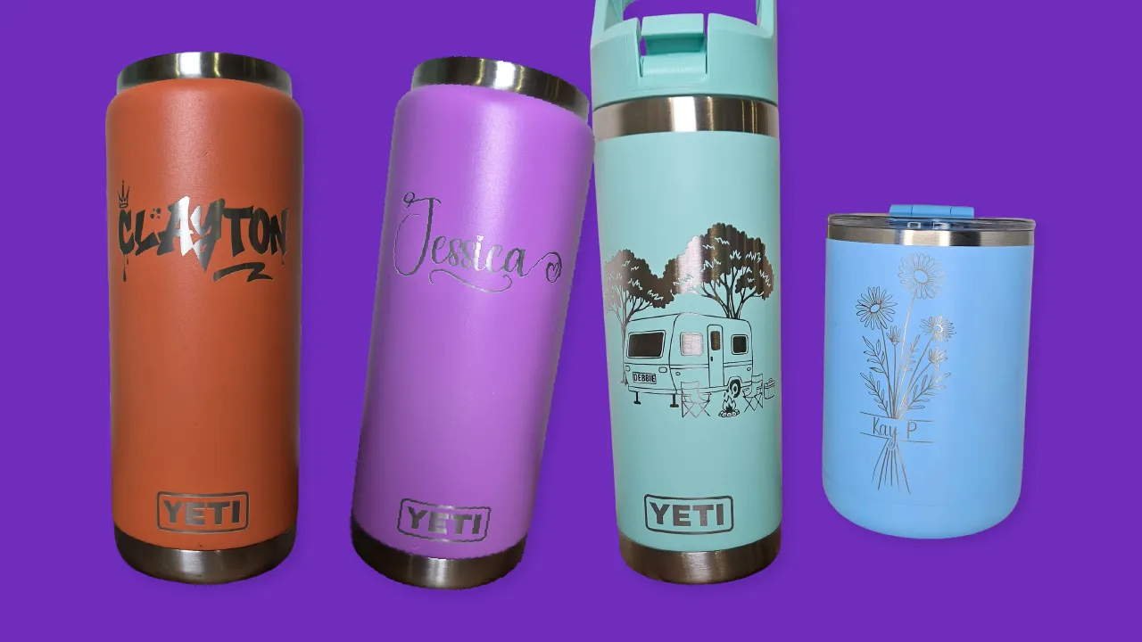 Four personalised drink bottles and tumblers engraved with names and illustrated designs