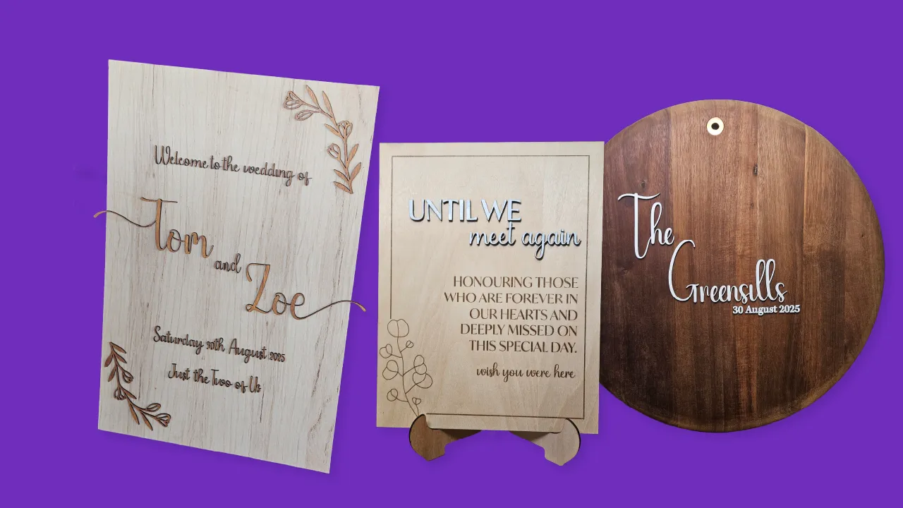 Three engraved timber wedding signs: a welcome sign, a memorial sign and a round family name sign