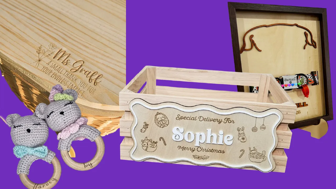 A selection of keepsakes made by Silly Fox Studios on a purple background.