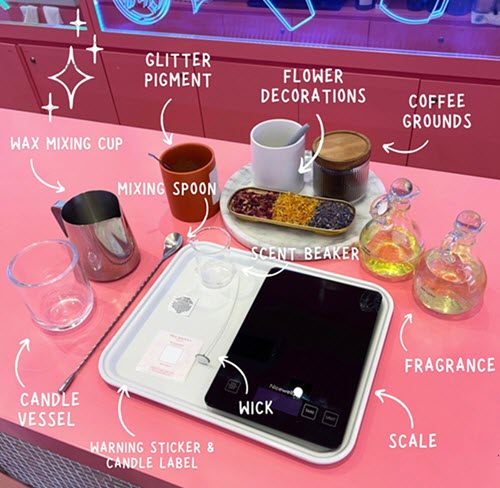 Labeled Wick & Pour candle making station: wax cup, mixing spoon, scent beaker, fragrance, flower decorations, scale, wick and vessel