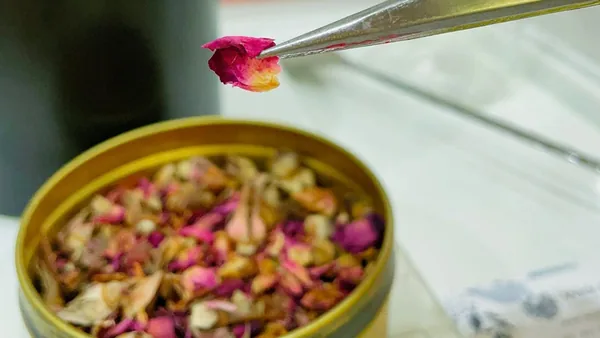 Dried rosebud lifted with tweezers from a tin of botanicals at Wick & Pour