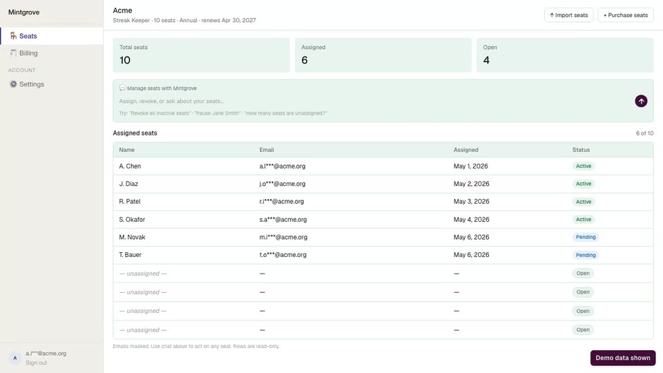 Buyer portal: seat table and invite flow
