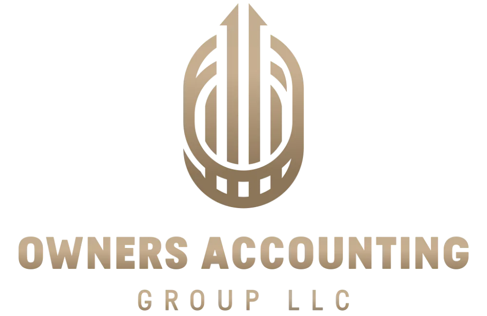 Logo consisting of a stylized gold emblem above the gold text 'OWNERS ACCOUNTING GROUP LLC' on a black background.