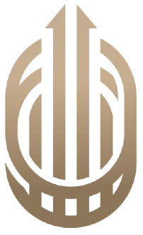 Stylized geometric emblem featuring three vertical, pointed pillars enclosed by a rounded frame with angular cutouts, in a metallic gold color.