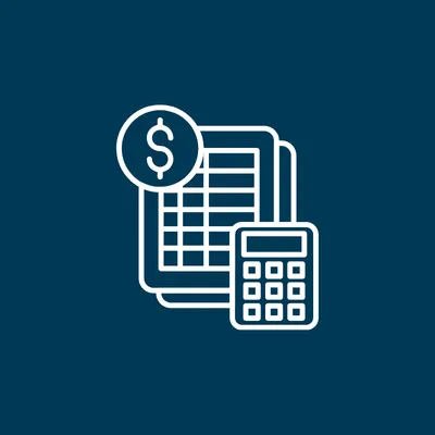 Icon of financial documents with a dollar sign and a calculator on a dark blue background.