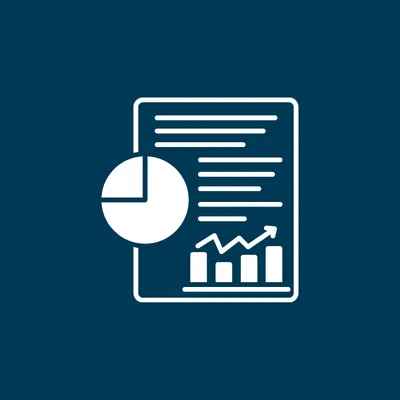 Icon of a document with lines representing text, a pie chart on the left, and a bar graph with an upward arrow on the bottom right.