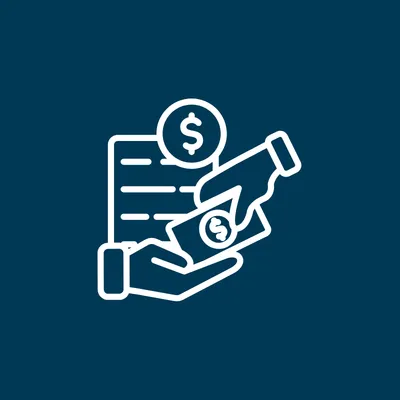 Icon of a hand holding a dollar bill and another hand reaching to take it, with a document and dollar symbol in the background on a dark blue square.