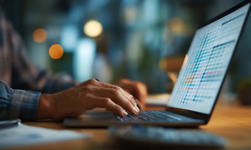 Close-up of a person typing on a laptop keyboard with a spreadsheet displayed on the screen, in a blurred office environment.