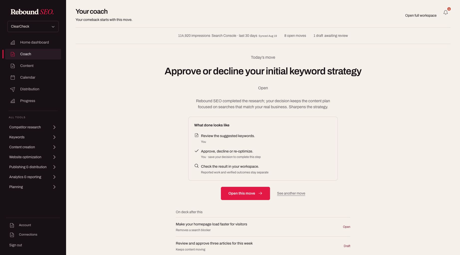 Rebound Coach showing ClearCheck’s keyword strategy ready for review