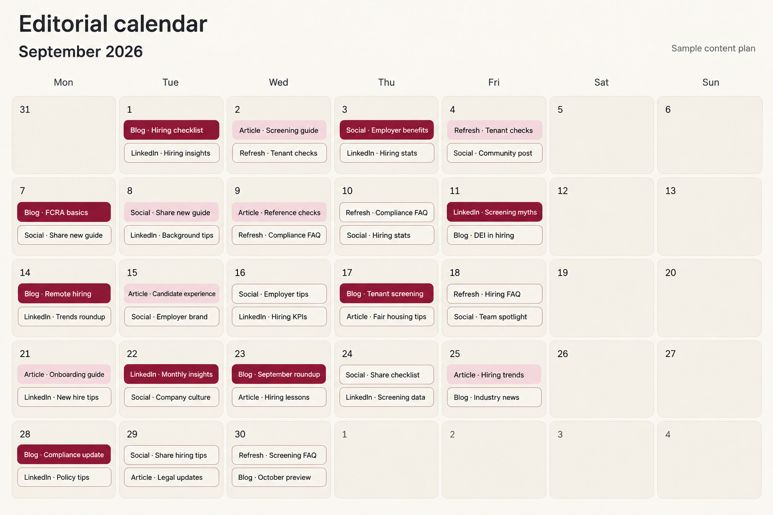 Illustrative September editorial calendar populated with articles, LinkedIn posts, social posts and content updates across every weekday
