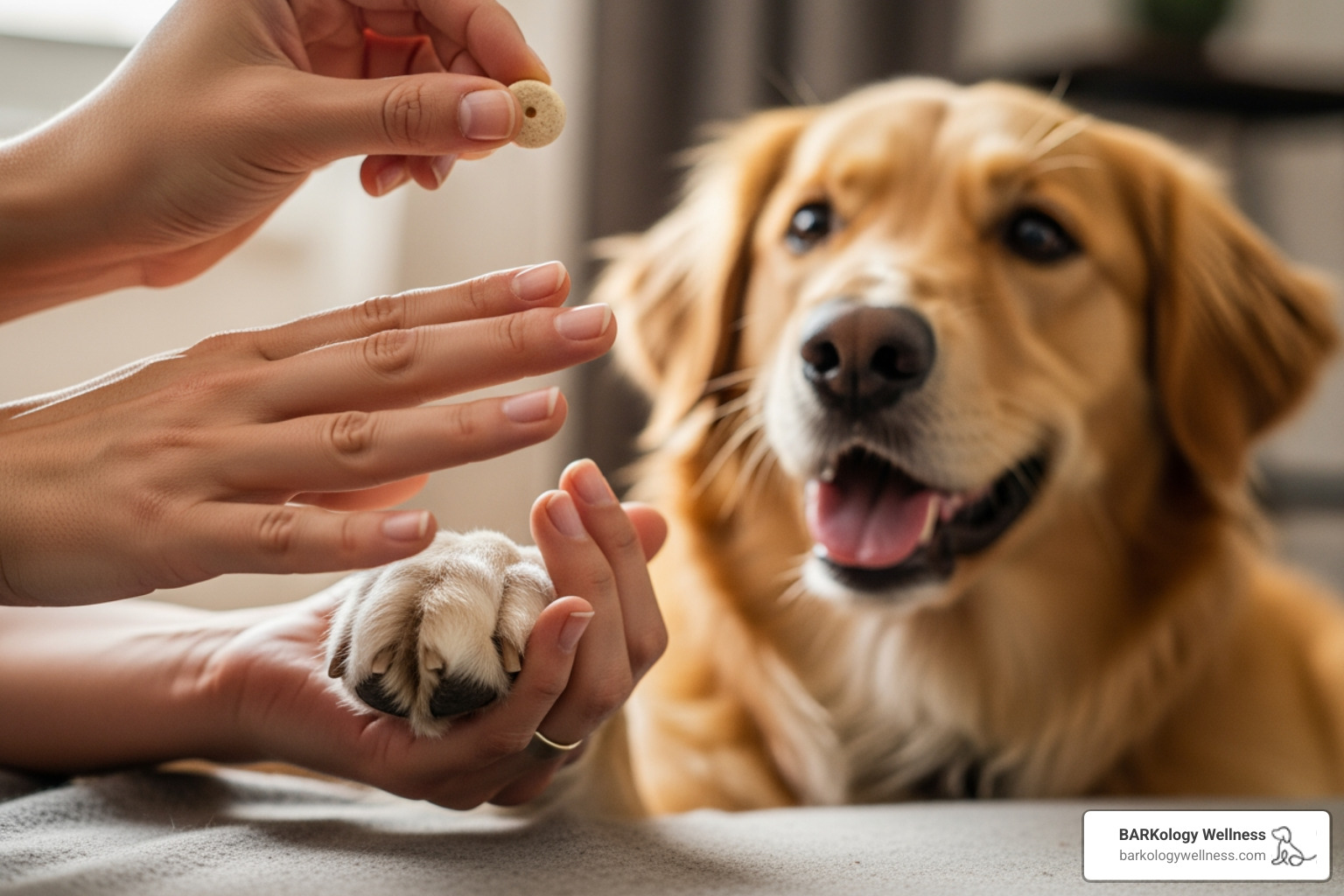 Owner gently touching a dog's paw while offering a treat - dog grooming for difficult dogs Owner gently touching a dog's paw while offering a treat - dog grooming for difficult dogs