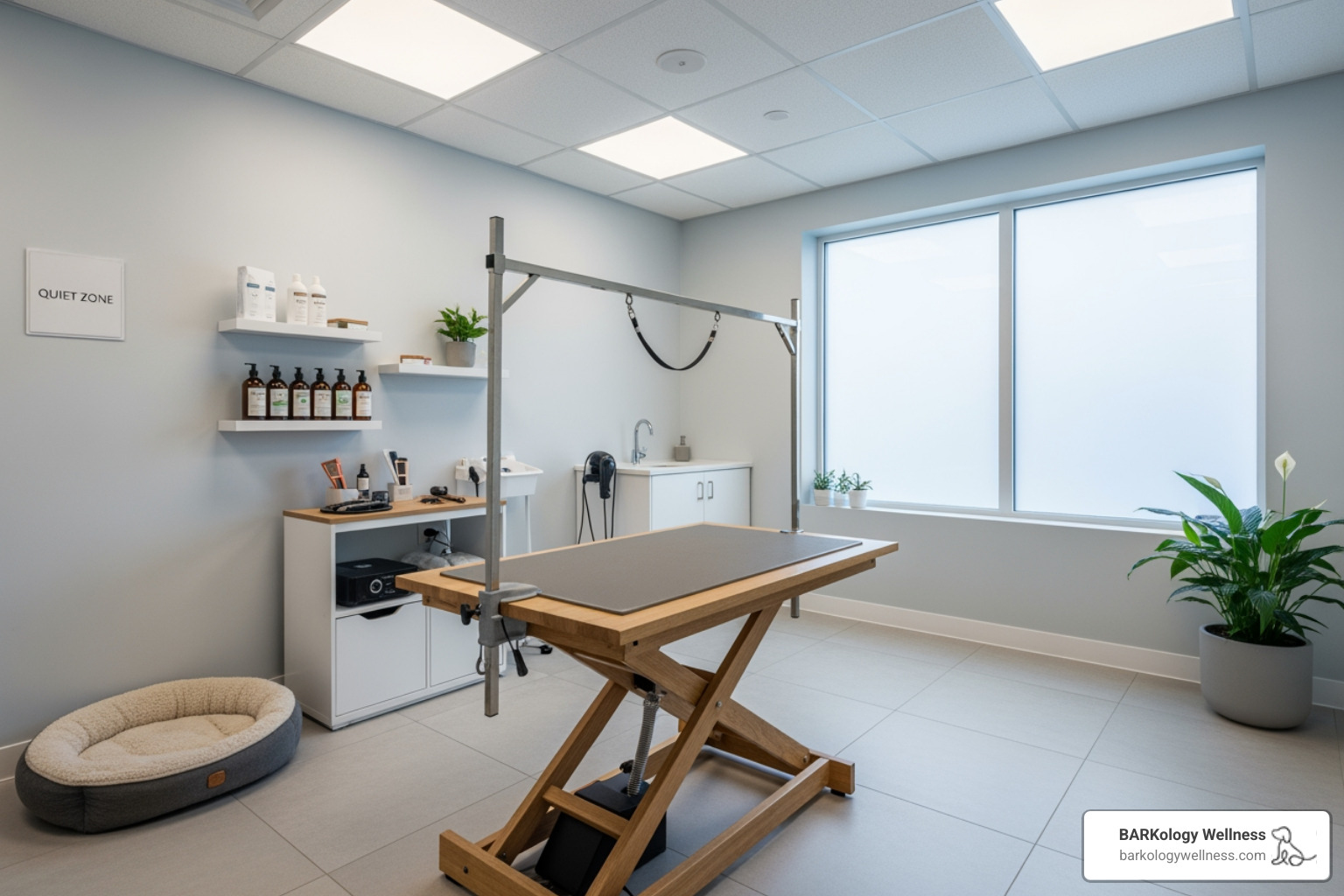 A serene, clean, one-on-one grooming suite designed for low-stress dog grooming - dog grooming for difficult dogs A serene, clean, one-on-one grooming suite designed for low-stress dog grooming - dog grooming for difficult dogs