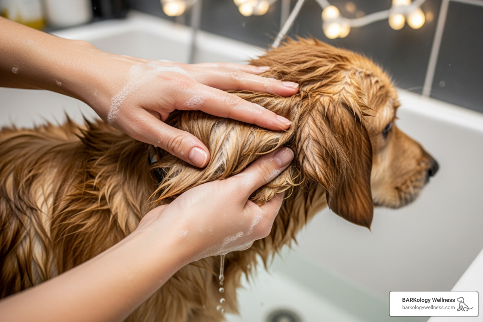 A groomer gently parting a dog's fur to examine its skin during a bath, highlighting the attention to detail in boutique grooming - boutique dog grooming