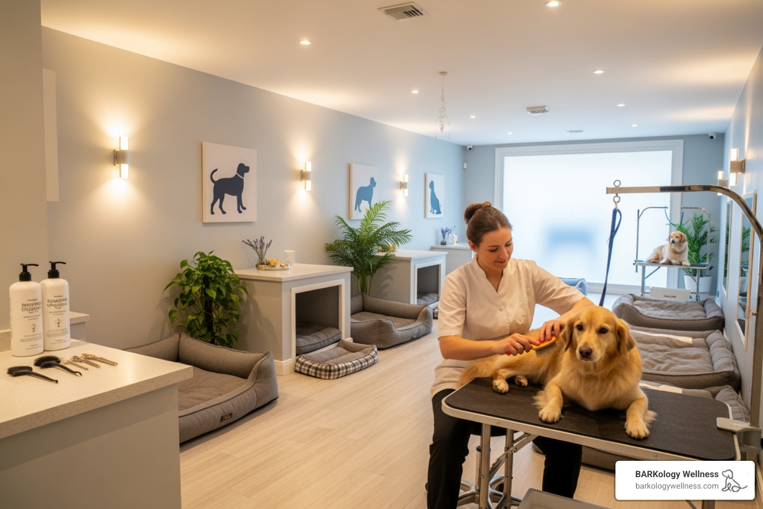 A serene, spa-like dog grooming salon interior with comfortable beds, soft lighting, and a groomer gently brushing a dog - boutique dog grooming