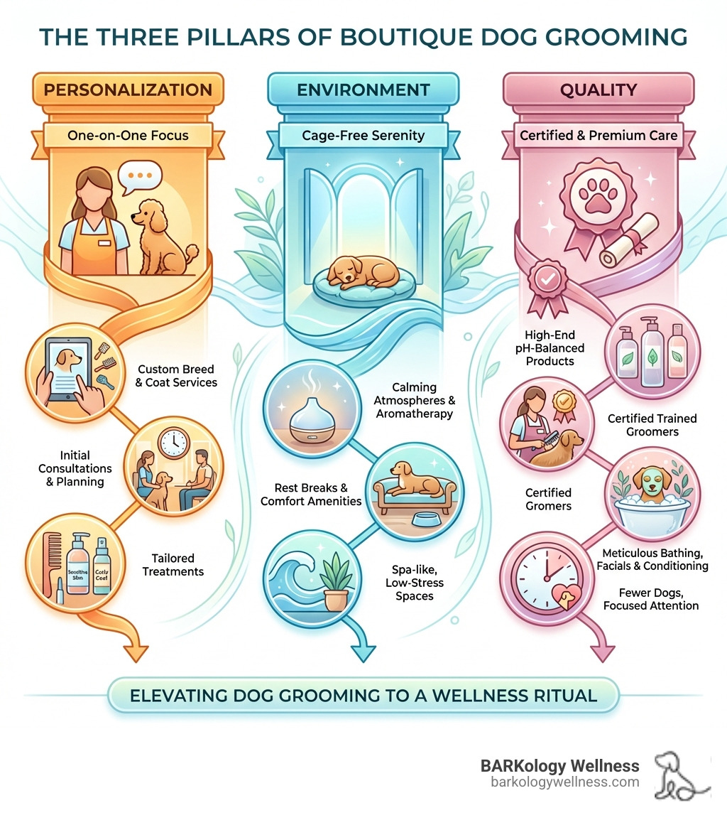 Infographic showing three pillars of boutique dog grooming: Personalization pillar featuring one-on-one appointments, custom services for individual breeds and coat types, and initial consultations; Environment pillar showing cage-free spaces, calming atmospheres, rest breaks, and spa-like amenities; Quality pillar highlighting high-end pH-balanced products, certified trained groomers, meticulous bathing processes with facials and conditioning treatments, and fewer dogs groomed per day for focused attention - boutique dog grooming infographic 