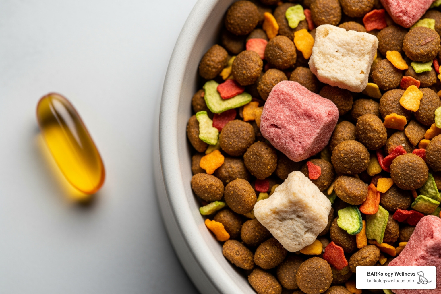 bowl of high-quality dog food with a fish oil capsule next to it - Itchy skin dog relief bowl of high-quality dog food with a fish oil capsule next to it - Itchy skin dog relief