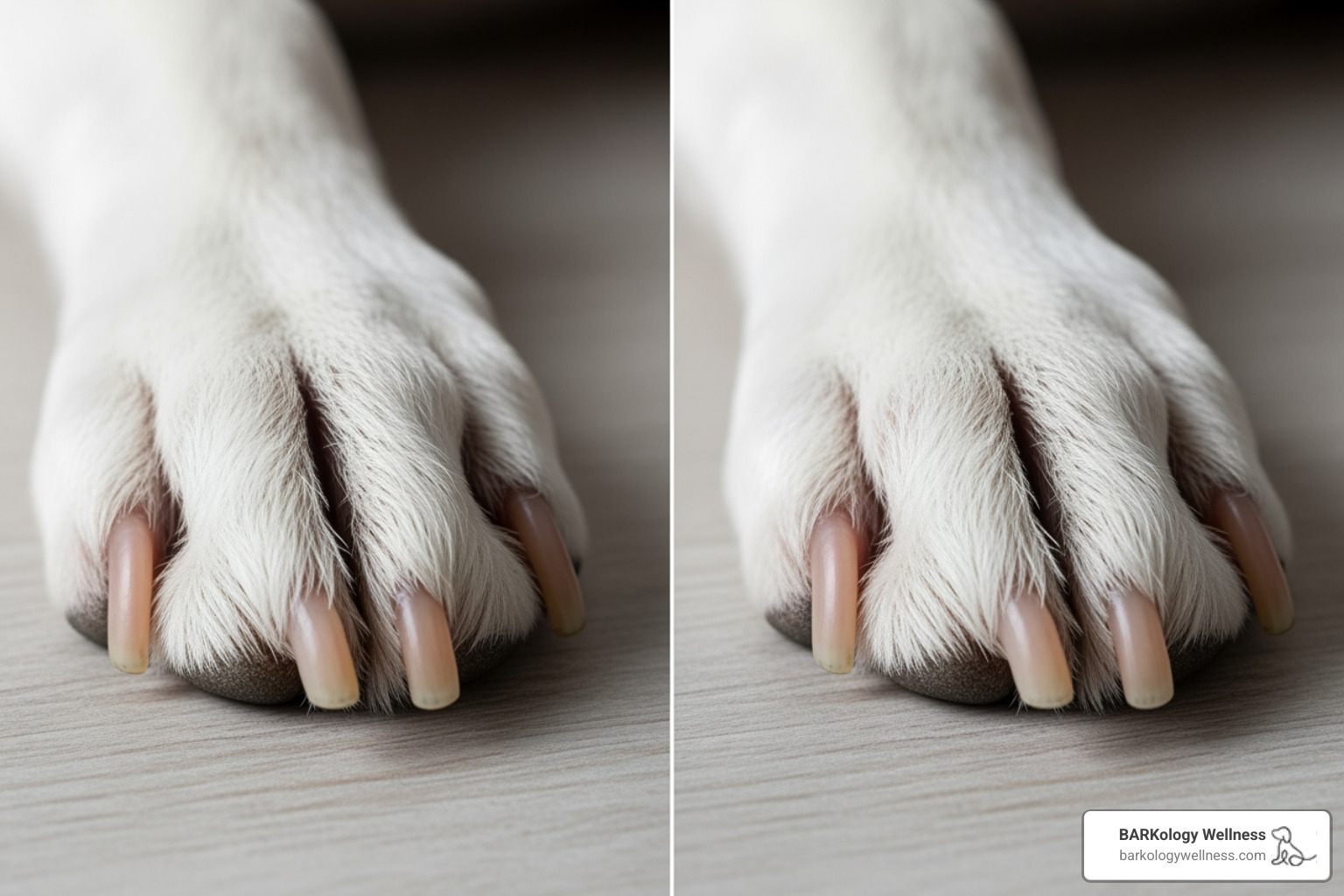 dog's paw with overgrown nails next to properly trimmed nails - dog nail trimming South Tampa dog's paw with overgrown nails next to properly trimmed nails - dog nail trimming South Tampa