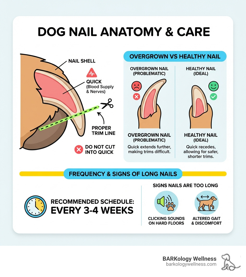 infographic showing dog nail anatomy with labeled quick, proper trim line, and overgrown vs healthy nail comparison, plus frequency guidelines of every 3-4 weeks and signs nails are too long including clicking sounds and altered gait - dog nail trimming South Tampa infographic infographic showing dog nail anatomy with labeled quick, proper trim line, and overgrown vs healthy nail comparison, plus frequency guidelines of every 3-4 weeks and signs nails are too long including clicking sounds and altered gait - dog nail trimming South Tampa infographic
