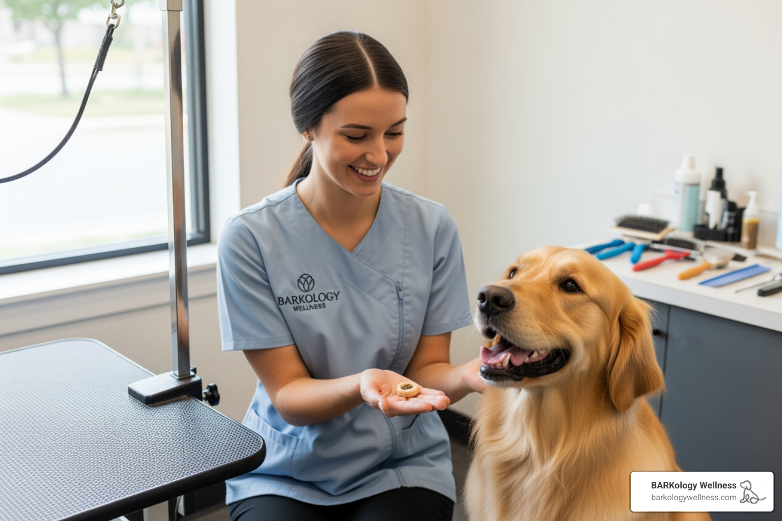 friendly BARKology Wellness groomer giving a dog a treat - dog nail trimming South Tampa friendly BARKology Wellness groomer giving a dog a treat - dog nail trimming South Tampa