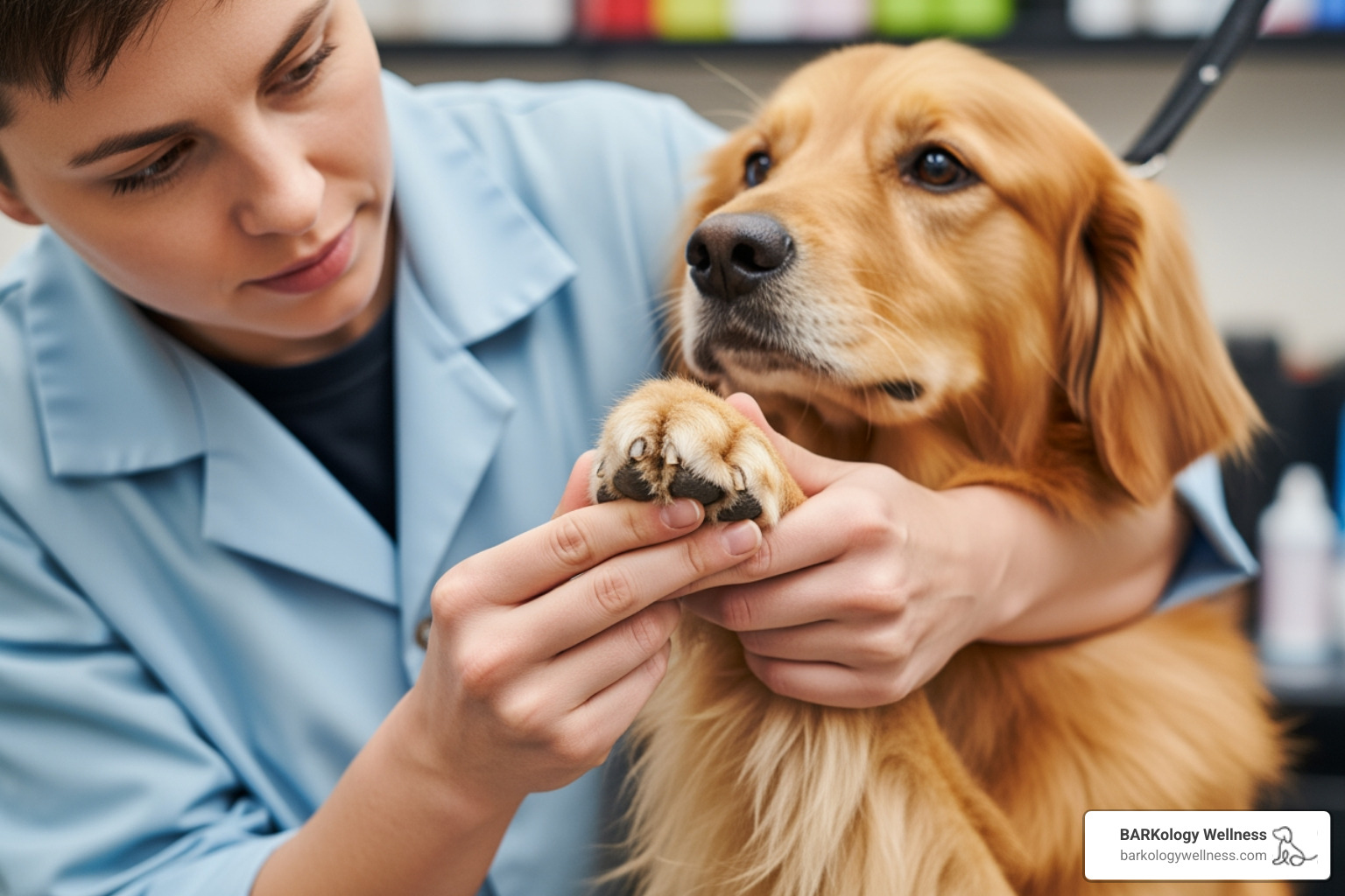 groomer examining dog's paw - dog spa services groomer examining dog's paw - dog spa services