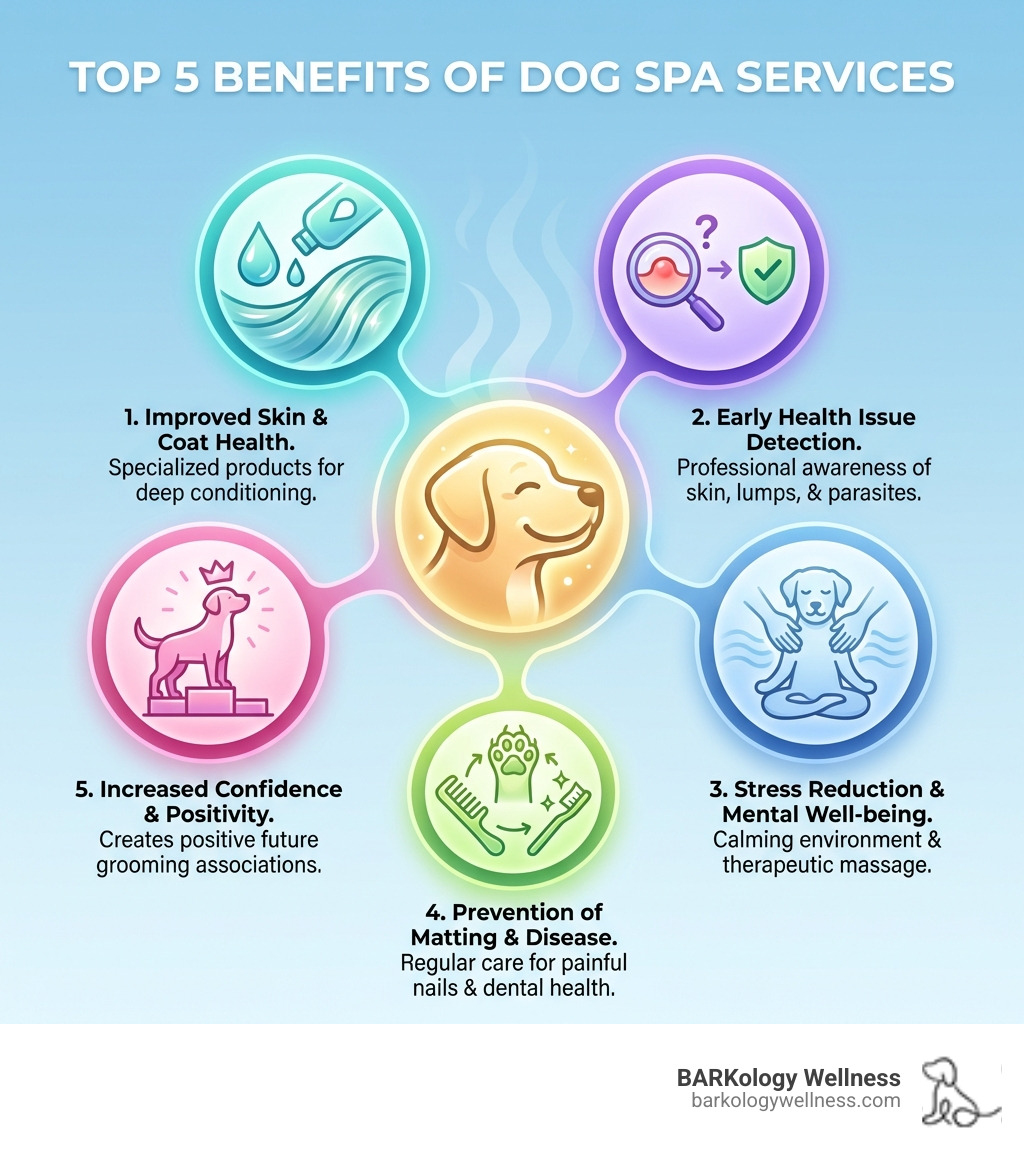 Infographic showing the top 5 benefits of dog spa services: 1. Improved skin and coat health through specialized shampoos and conditioning treatments, 2. Early detection of health issues like skin irritation, parasites, or lumps during professional grooming, 3. Stress reduction and mental well-being through calming environments and therapeutic massage, 4. Prevention of matting, painful nails, and dental disease through regular professional care, 5. Increased confidence and positive grooming associations that make future visits easier - dog spa services infographic Infographic showing the top 5 benefits of dog spa services: 1. Improved skin and coat health through specialized shampoos and conditioning treatments, 2. Early detection of health issues like skin irritation, parasites, or lumps during professional grooming, 3. Stress reduction and mental well-being through calming environments and therapeutic massage, 4. Prevention of matting, painful nails, and dental disease through regular professional care, 5. Increased confidence and positive grooming associations that make future visits easier - dog spa services infographic